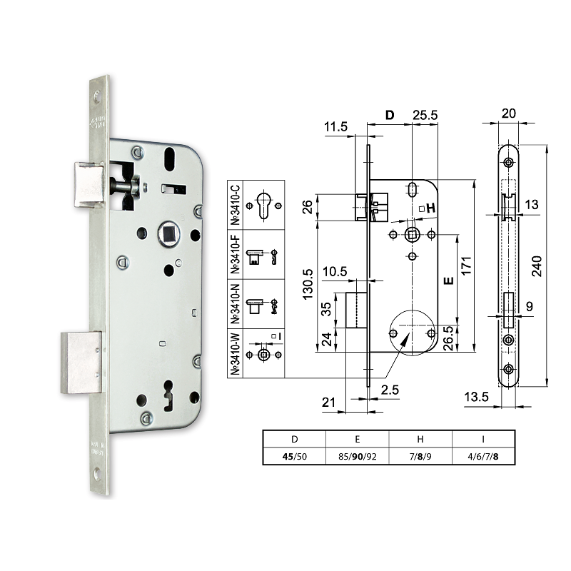 Euro-Elzett 3410-N normál kulcsos bevésőzár 45/90 mm termék fő termékképe